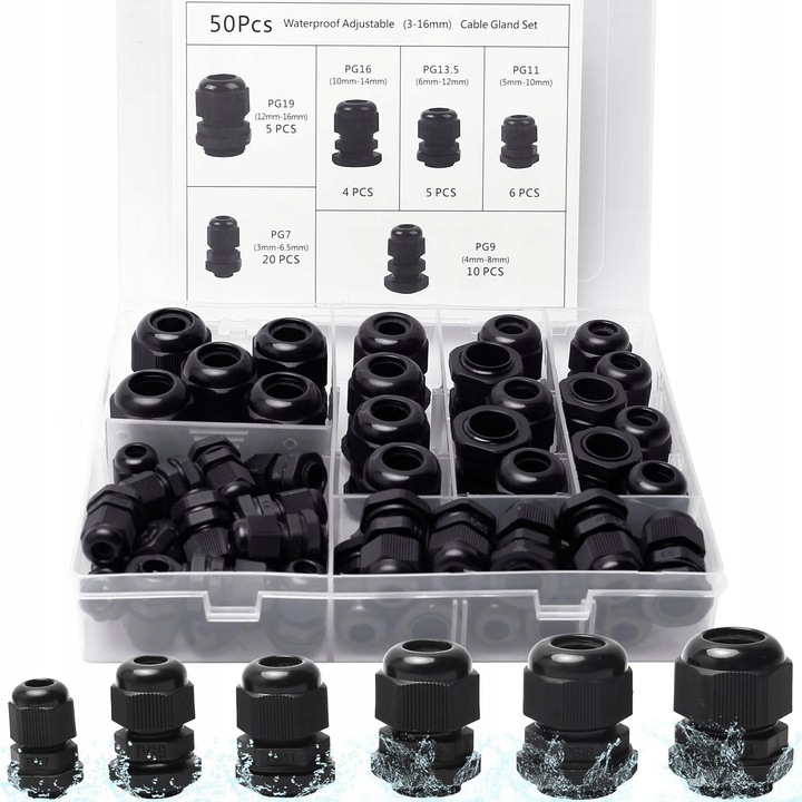 Dławiki kablowe wodoszczelne Tuparka z uszczelkami 3-16mm 50szt