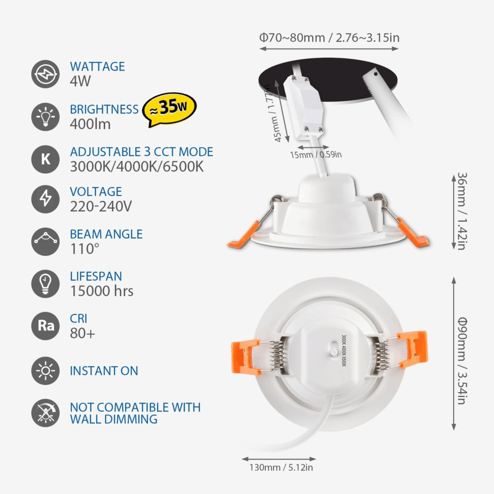 Oprawa wpuszczana LVWIT LED 4W 3000K 4000K 6500K, zestaw 6 szt
